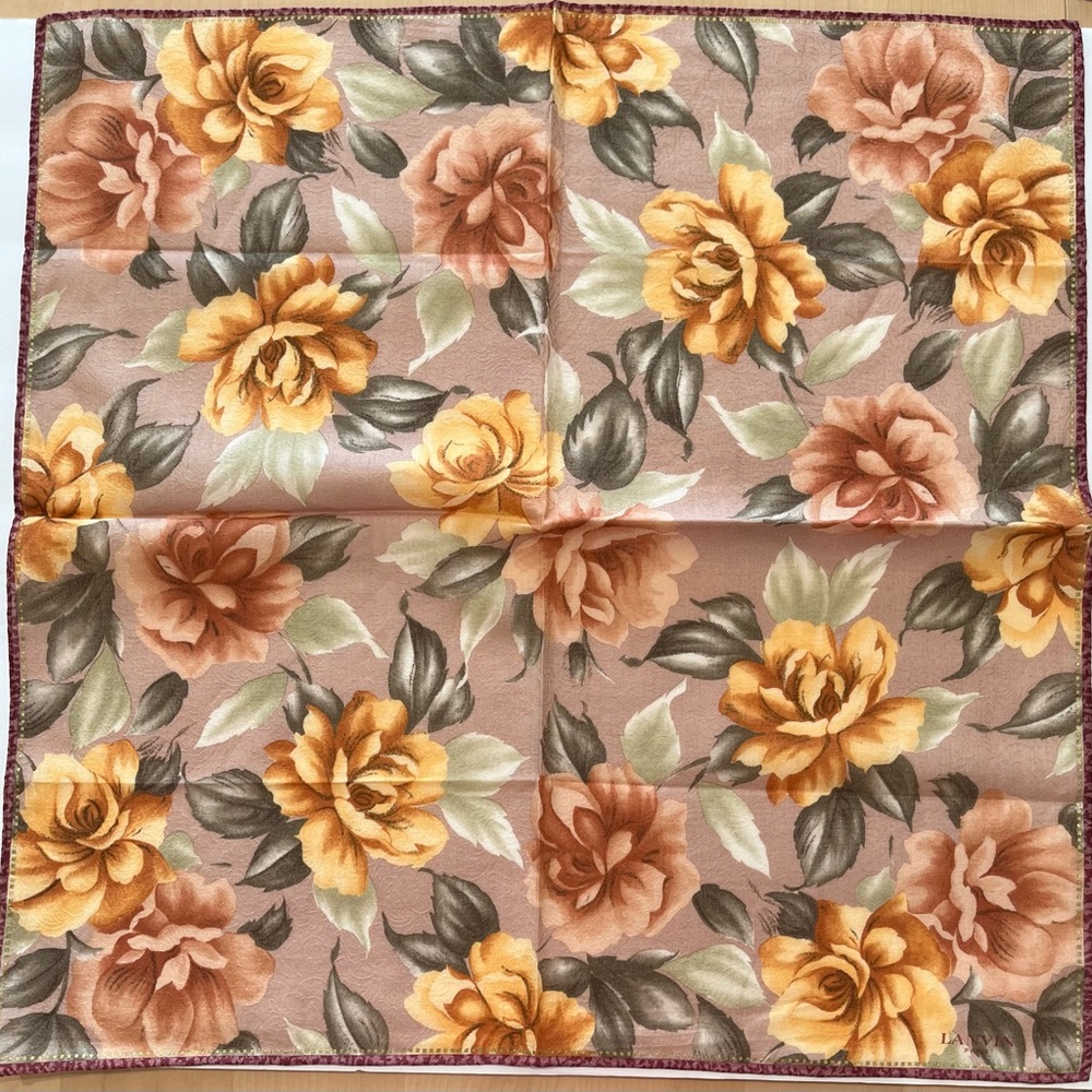 Vintage Handkerchief LANVIN Orange Floral Cotton Pocket Square Bandana Scarf 20”